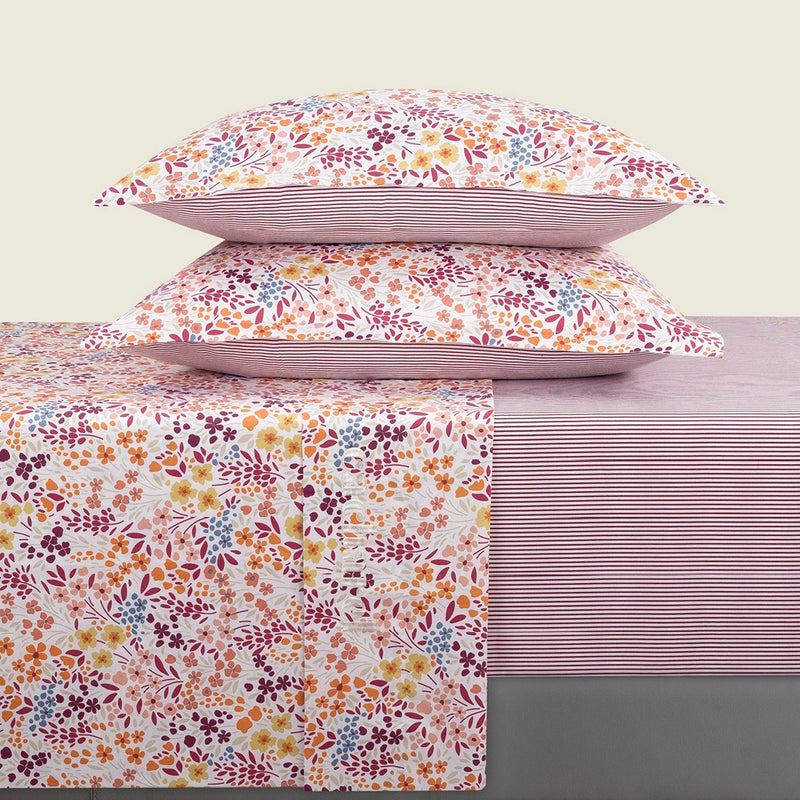 Fleurs Des Champs - Ensemble De Draps Satin De Coton - Fleurs Des Champs Bordeaux