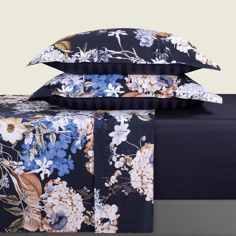 Bouquet D'Hortensias - Ensemble De Draps Satin De Coton - Bouquet D'Hortensias Bleu