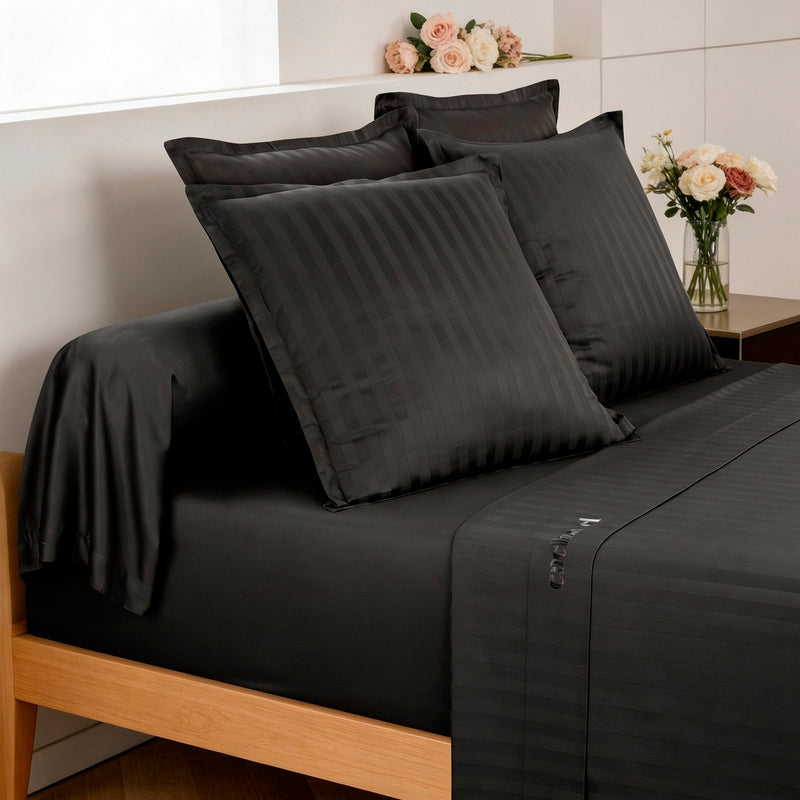 Dobby Stripe Woven - Drap Plat Satin De Coton Dobby Stripe - Dobby Stripe Woven Noir