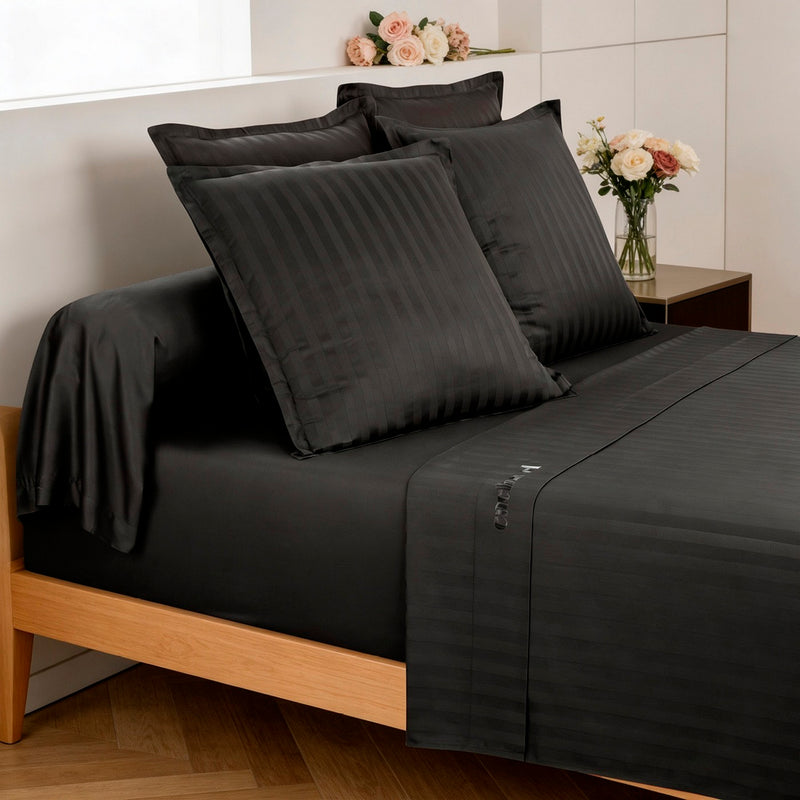 Dobby Stripe Woven - Ensemble De Draps Satin De Coton Rayure Tissé Dobby - Dobby Stripe Woven Noir