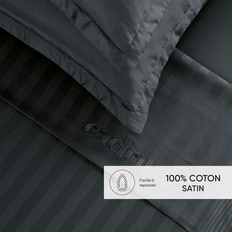 Dobby Stripe Woven - Ensemble De Draps Satin De Coton Rayure Tissé Dobby - Dobby Stripe Woven Noir
