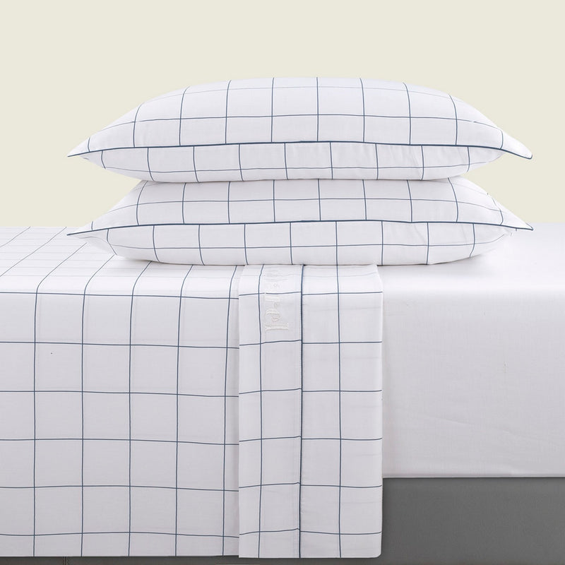 Caren - Ensemble De Draps Satin De Coton - Caren Blanc / Bleu