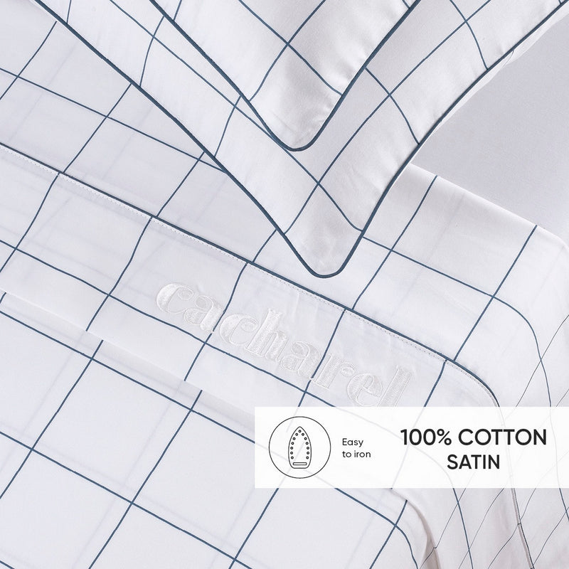 Caren - Ensemble De Draps Satin De Coton - Caren Blanc / Bleu