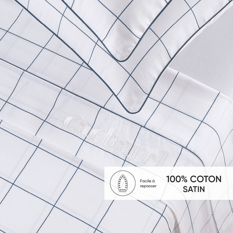 Caren - Ensemble De Draps Satin De Coton - Caren Blanc / Bleu