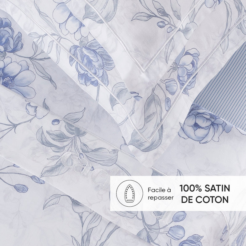 Fleurs Azurées - Taie D'Oreiller Satin De Coton - Rayures Fines Bleu Clair