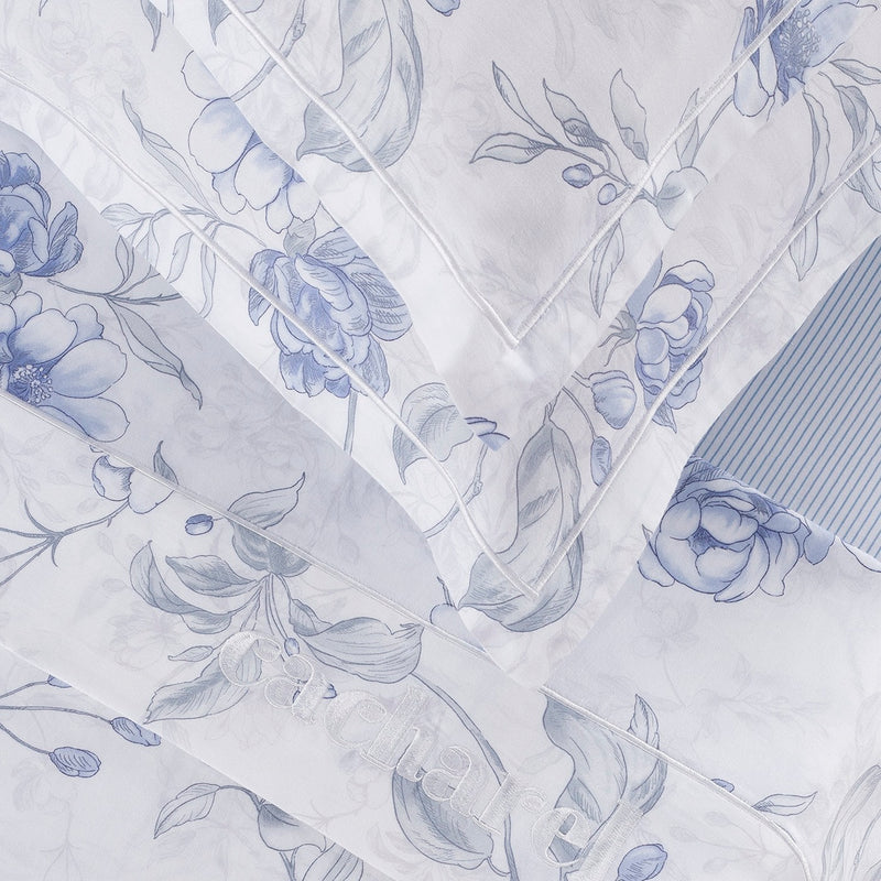 Fleurs Azurées - Drap-Housse Satin De Coton - Rayures Fines Bleu Clair