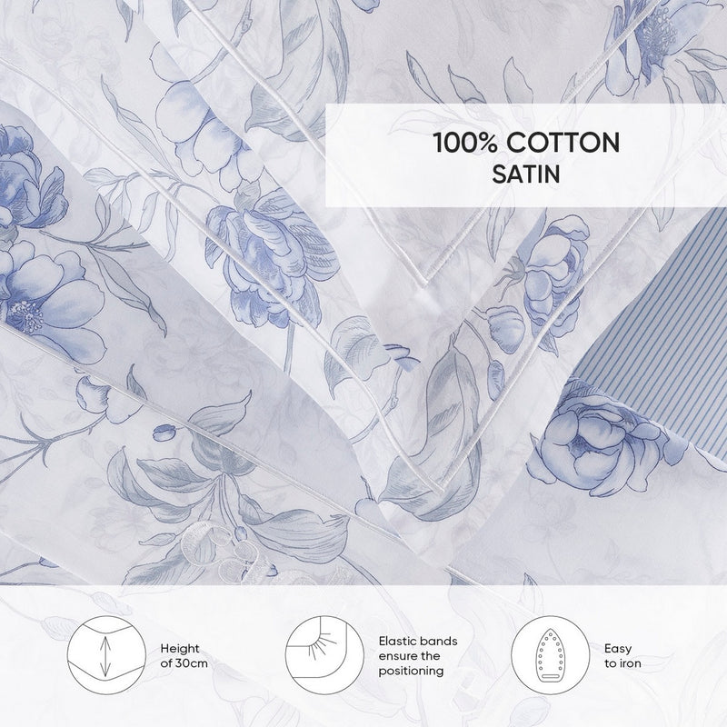 Fleurs Azurées - Drap-Housse Satin De Coton - Rayures Fines Bleu Clair