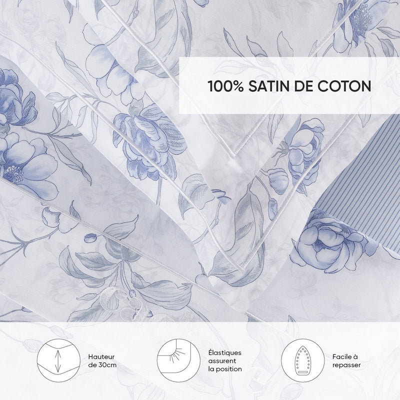 Fleurs Azurées - Drap-Housse Satin De Coton - Rayures Fines Bleu Clair