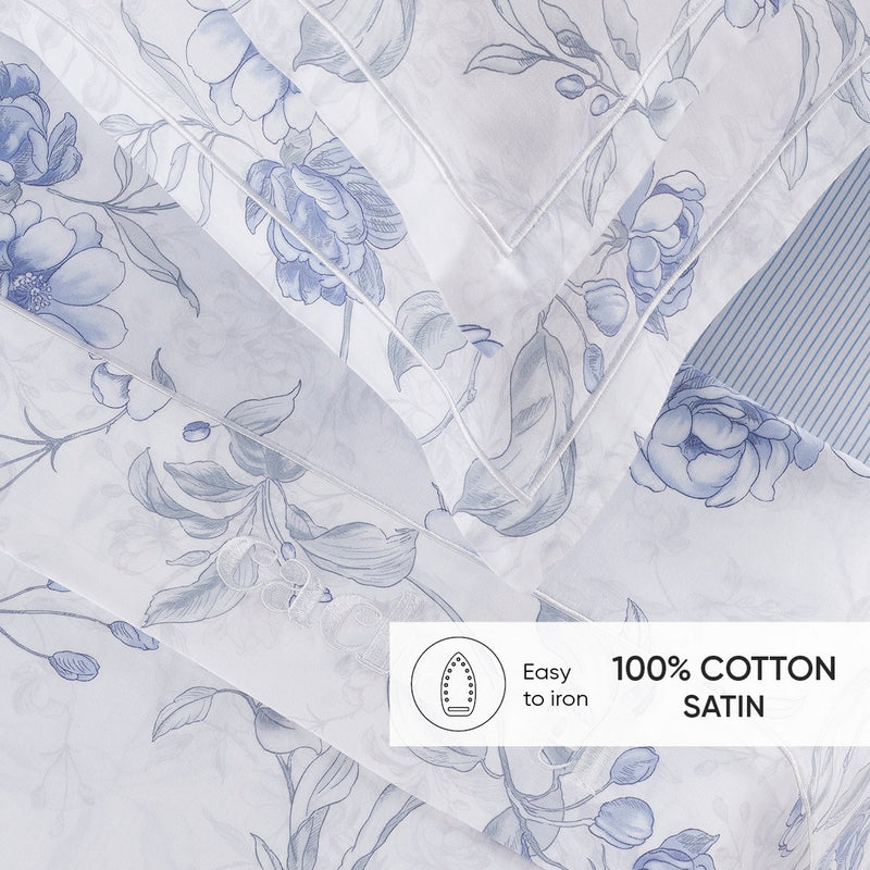 Fleurs Azurées - Drap Plat Satin De Coton - Rayures Fines Bleu Clair