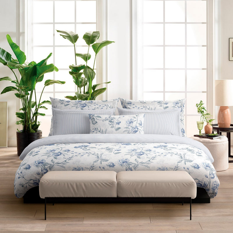 Fleurs Azurées - Drap Plat Satin De Coton - Rayures Fines Bleu Clair