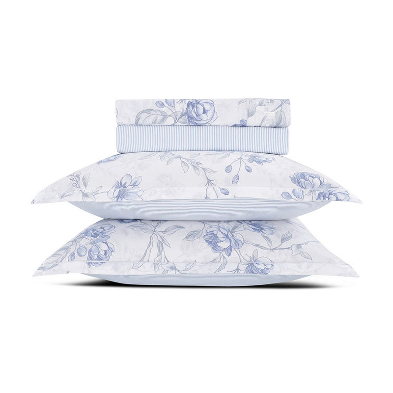 Fleurs Azurées - Ensemble De Draps Satin De Coton - Fleurs Azurées Blanc