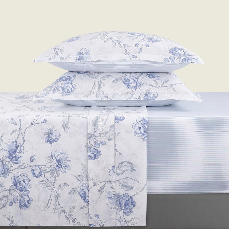 Fleurs Azurées - Ensemble De Draps Satin De Coton - Fleurs Azurées Blanc