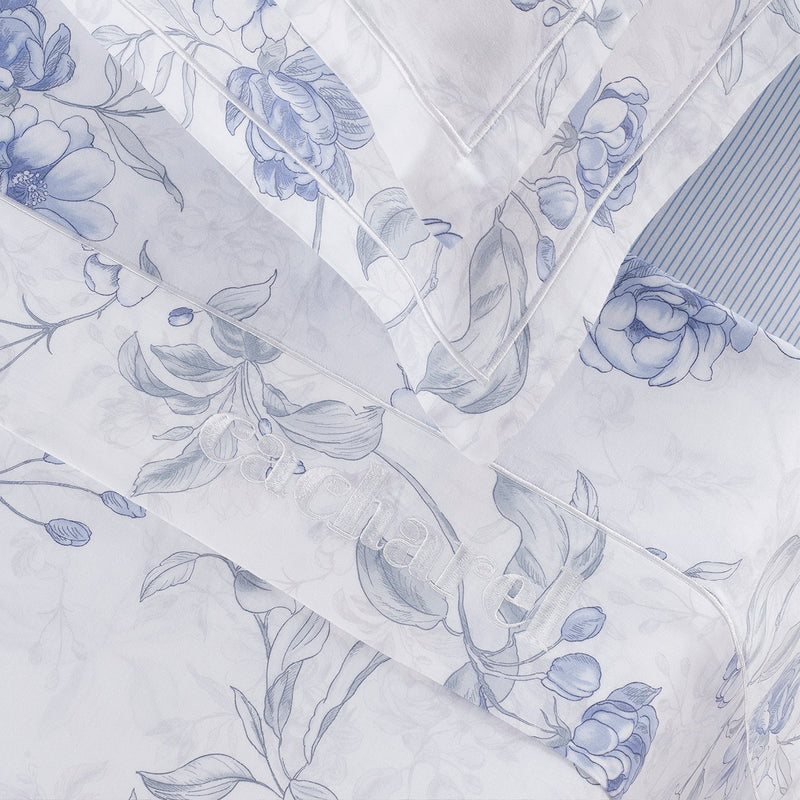 Fleurs Azurées - Ensemble De Draps Satin De Coton - Fleurs Azurées Blanc
