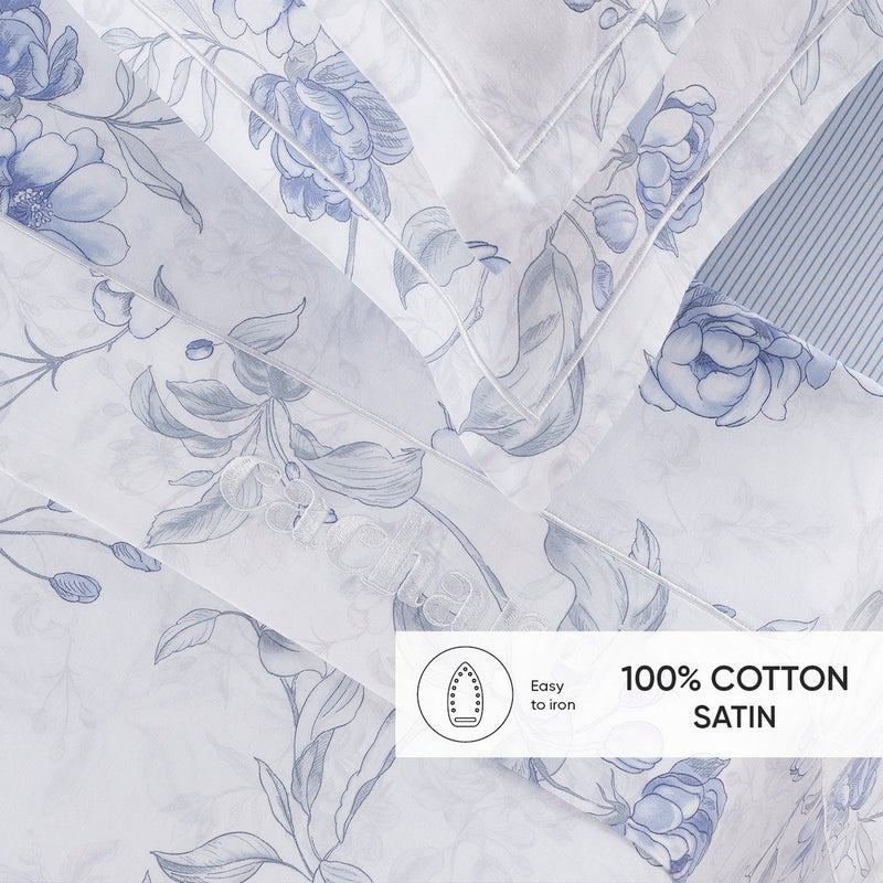 Fleurs Azurées - Ensemble De Draps Satin De Coton - Fleurs Azurées Blanc