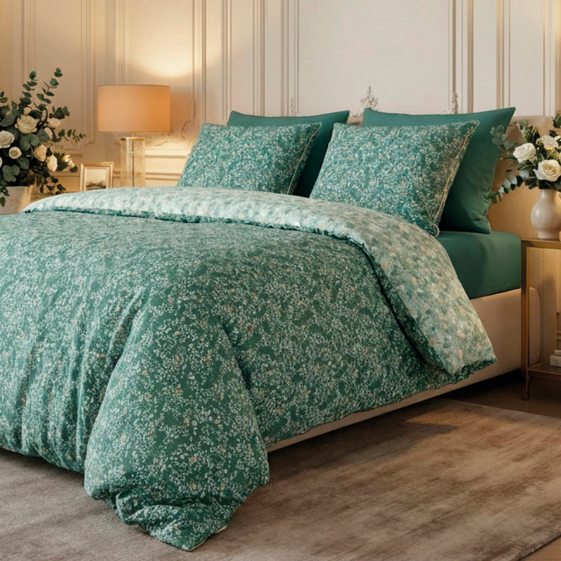 Feuillage Fleuri - Housse De Couette + 1 Ou 2 Taie(S) D'Oreiller Satin De Coton - Feuillage Fleuri Vert Foncé