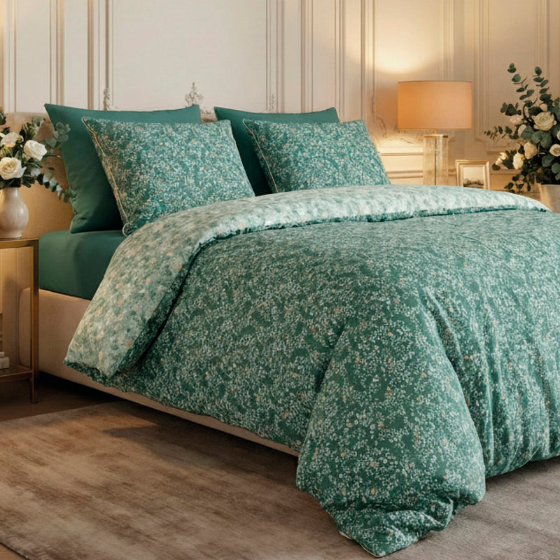 Feuillage Fleuri - Drap-Housse Satin De Coton - Uni Vert