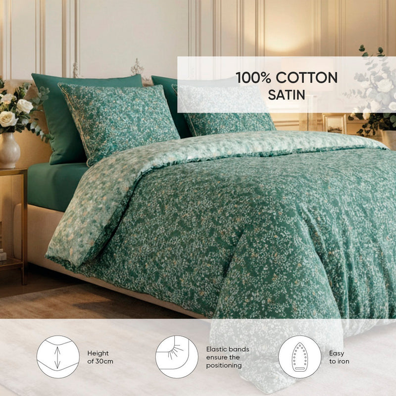 Feuillage Fleuri - Drap-Housse Satin De Coton - Uni Vert