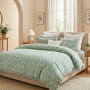Feuillage Fleuri - Housse De Couette + 1 Ou 2 Taie(S) D'Oreiller Satin De Coton - Feuillage Fleuri Vert Clair / Vert Clair