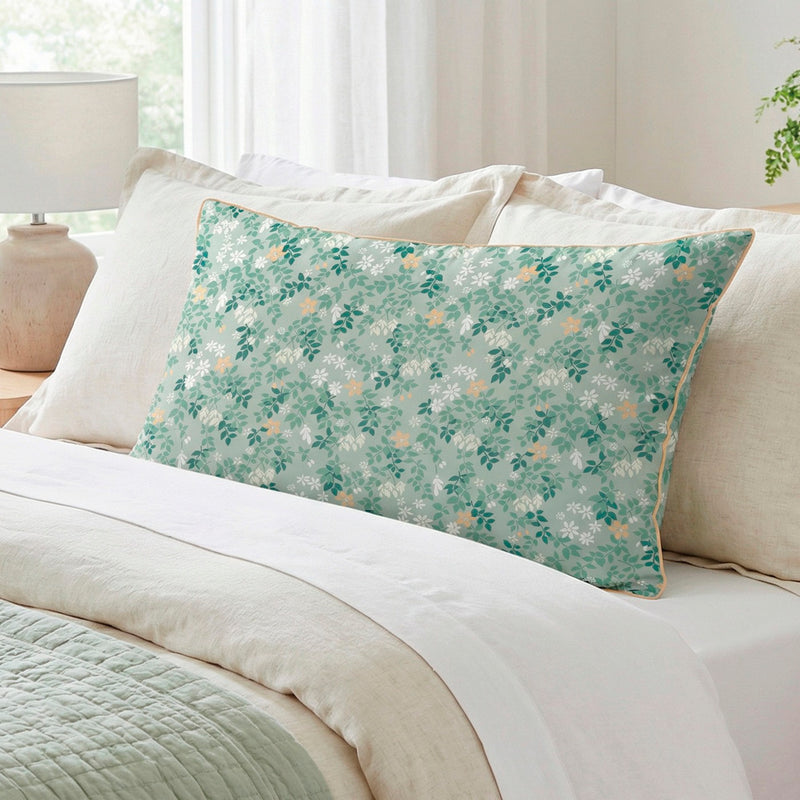 Feuillage Fleuri - Housse De Couette + 1 Ou 2 Taie(S) D'Oreiller Satin De Coton - Feuillage Fleuri Vert Clair / Vert Clair