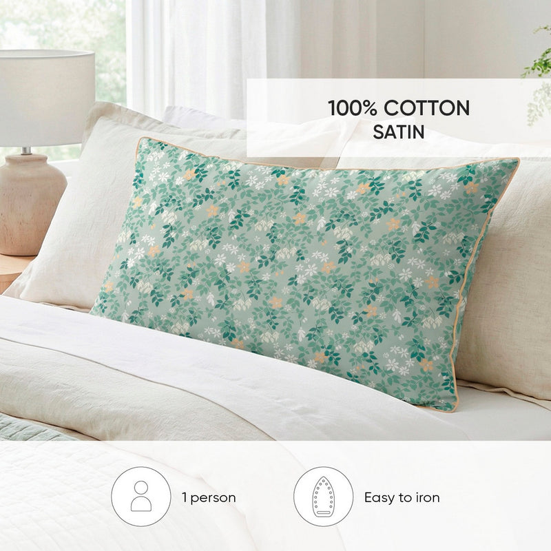 Feuillage Fleuri - Housse De Couette + 1 Ou 2 Taie(S) D'Oreiller Satin De Coton - Feuillage Fleuri Vert Clair / Vert Clair