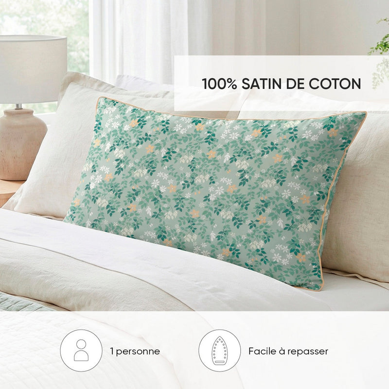 Feuillage Fleuri - Housse De Couette + 1 Ou 2 Taie(S) D'Oreiller Satin De Coton - Feuillage Fleuri Vert Clair / Vert Clair