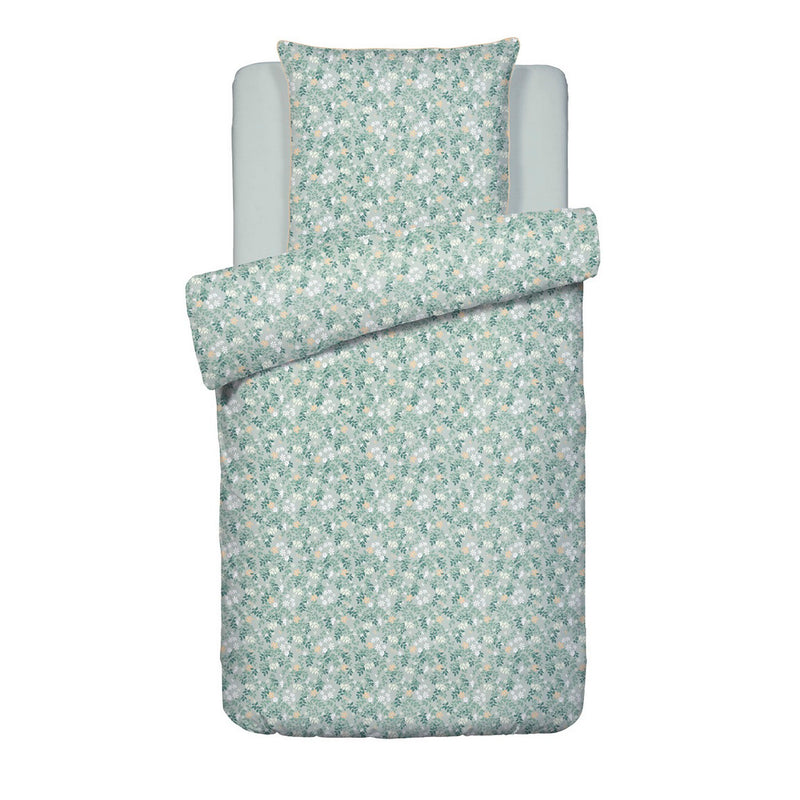 Feuillage Fleuri - Housse De Couette + 1 Ou 2 Taie(S) D'Oreiller Satin De Coton - Feuillage Fleuri Vert Clair / Vert Clair
