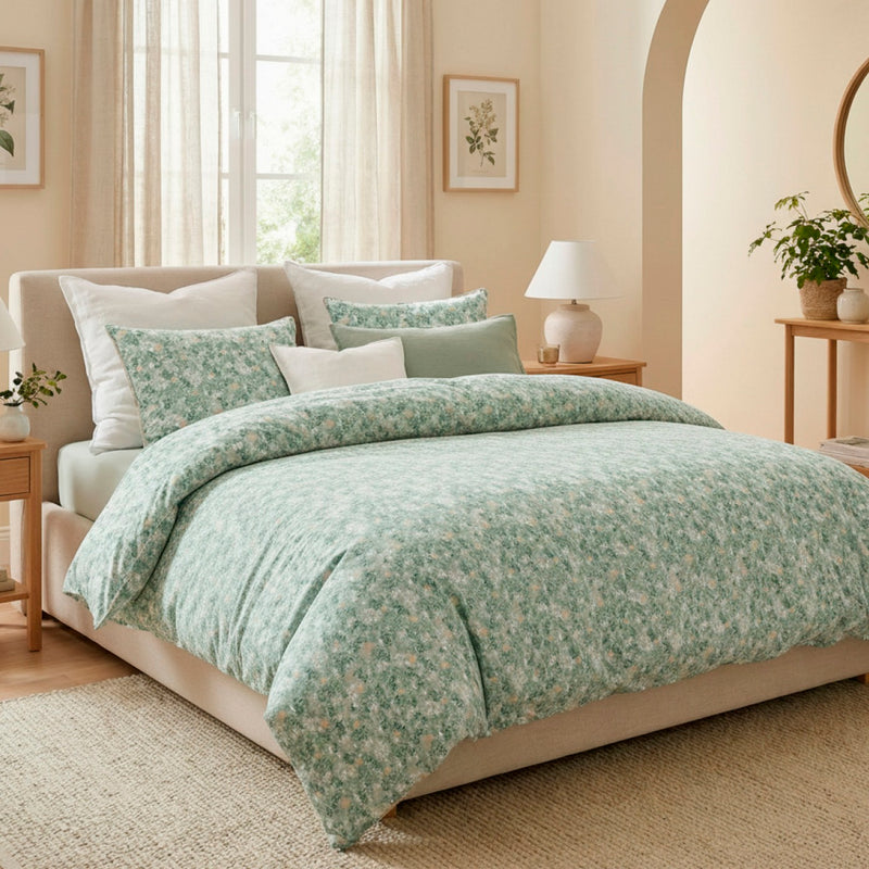 Feuillage Fleuri - Housse De Couette + 1 Ou 2 Taie(S) D'Oreiller Satin De Coton - Feuillage Fleuri Vert Clair / Vert Clair
