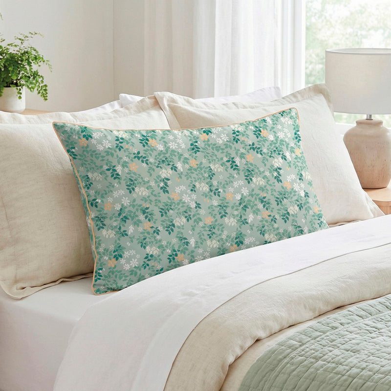 Feuillage Fleuri - Housse De Couette + 1 Ou 2 Taie(S) D'Oreiller Satin De Coton - Feuillage Fleuri Vert Clair / Vert Clair