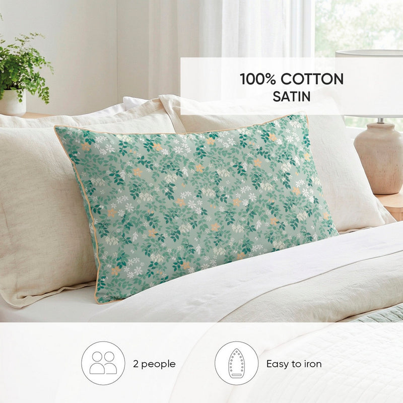 Feuillage Fleuri - Housse De Couette + 1 Ou 2 Taie(S) D'Oreiller Satin De Coton - Feuillage Fleuri Vert Clair / Vert Clair