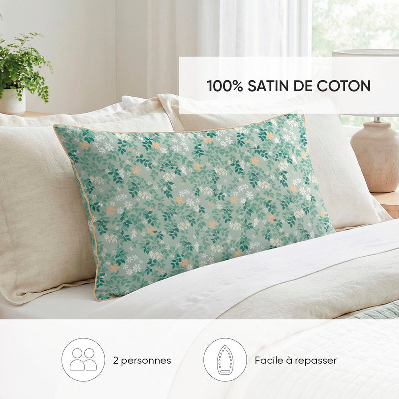 Feuillage Fleuri - Housse De Couette + 1 Ou 2 Taie(S) D'Oreiller Satin De Coton - Feuillage Fleuri Vert Clair / Vert Clair