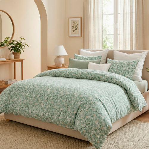 Feuillage Fleuri - Drap Plat Satin De Coton - Feuillage Fleuri Vert Clair / Vert Clair