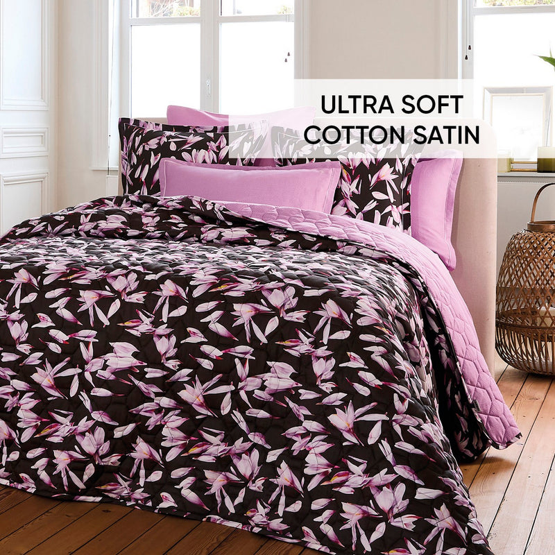 Nuit En Fleurs - Couvre-Lit Satin De Coton - Nuit En Fleurs Noir