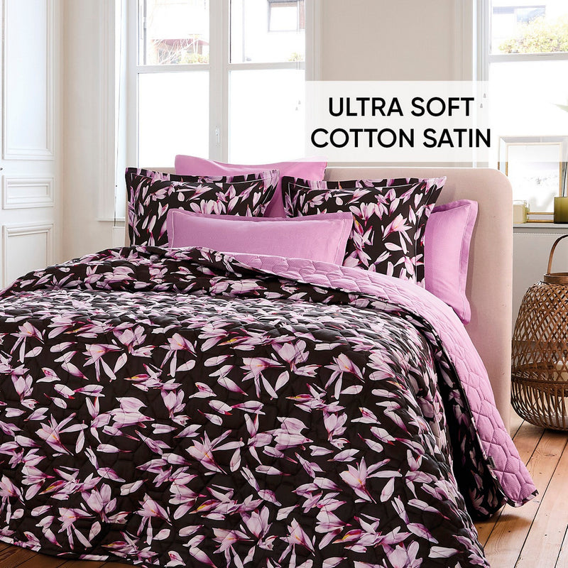 Nuit En Fleurs - Couvre-Lit Satin De Coton - Nuit En Fleurs Noir