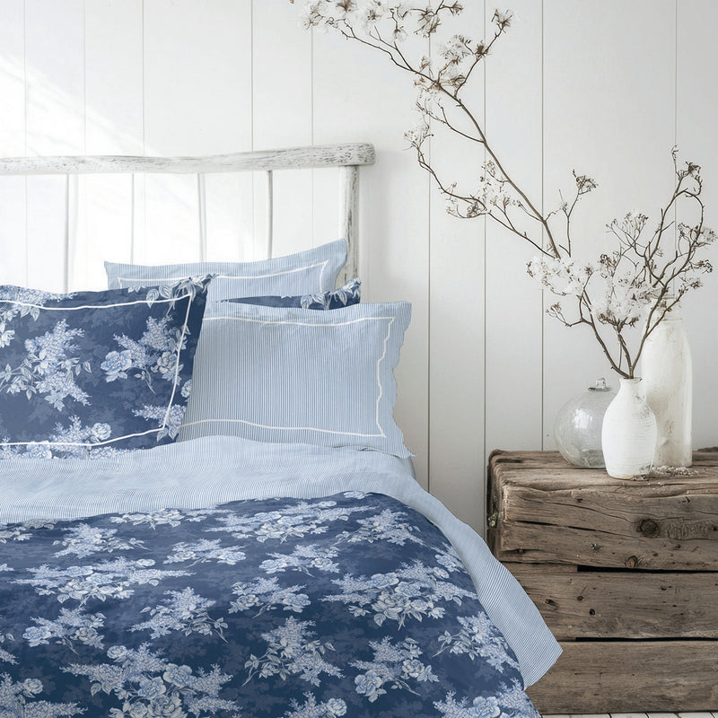 Noctalia - Drap Plat Satin De Coton - Lignes Naturelles Blanc / Bleu Clair