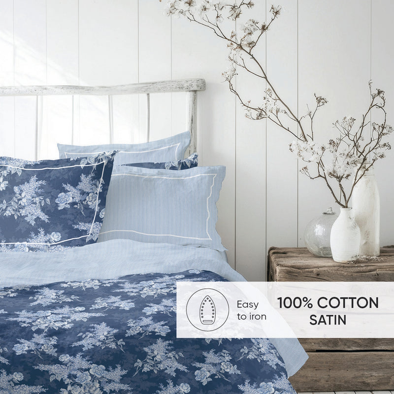 Noctalia - Drap Plat Satin De Coton - Lignes Naturelles Blanc / Bleu Clair