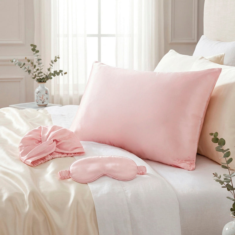 Lunéia - Taie D'Oreiller + Masque De Nuit + Bonnet De Nuit En Soie - Lunéia Rose Clair