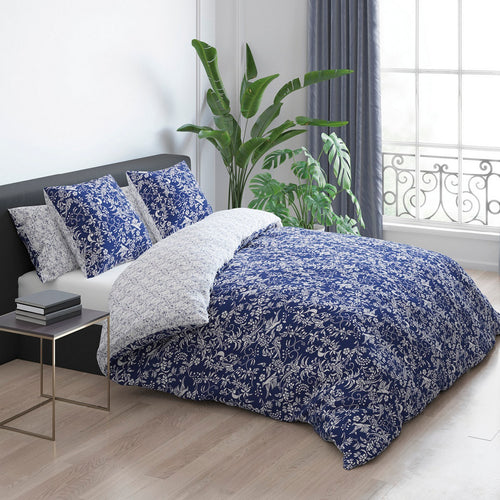Pájaros - Funda nórdica + 1 o 2 fundas de almohada - Satén de algodón - Azul