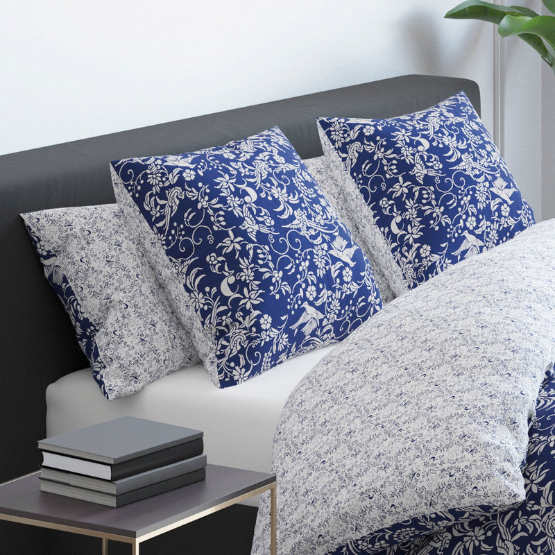 Birds - Set De 2 Taies D'Oreiller Satin De Coton Birds Bleu