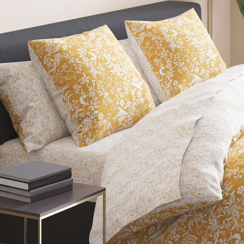 Birds - Drap-Housse Satin De Coton Birds Blanc / Jaune