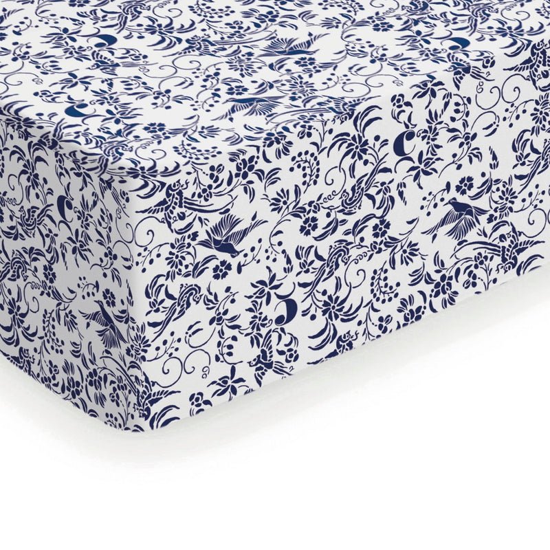 Birds - Drap-Housse Satin De Coton Birds Blanc / Bleu
