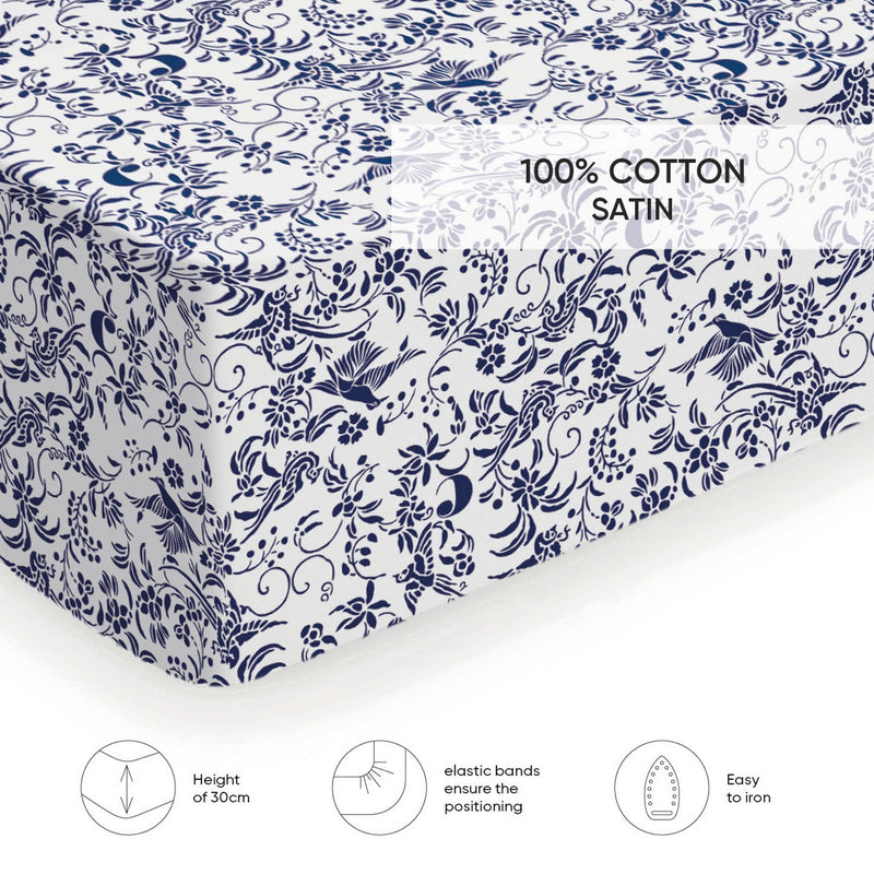 Birds - Drap-Housse Satin De Coton Birds Blanc / Bleu