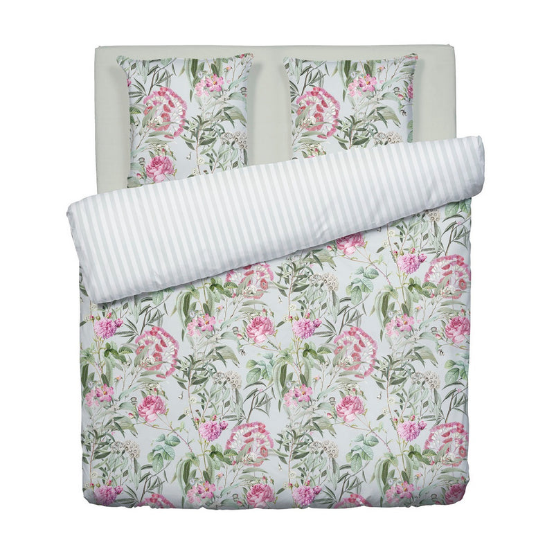 Jardin De Roses - Housse De Couette + 1 Ou 2 Taie(S) D'Oreiller Satin De Coton Jardin De Roses Vert Thym