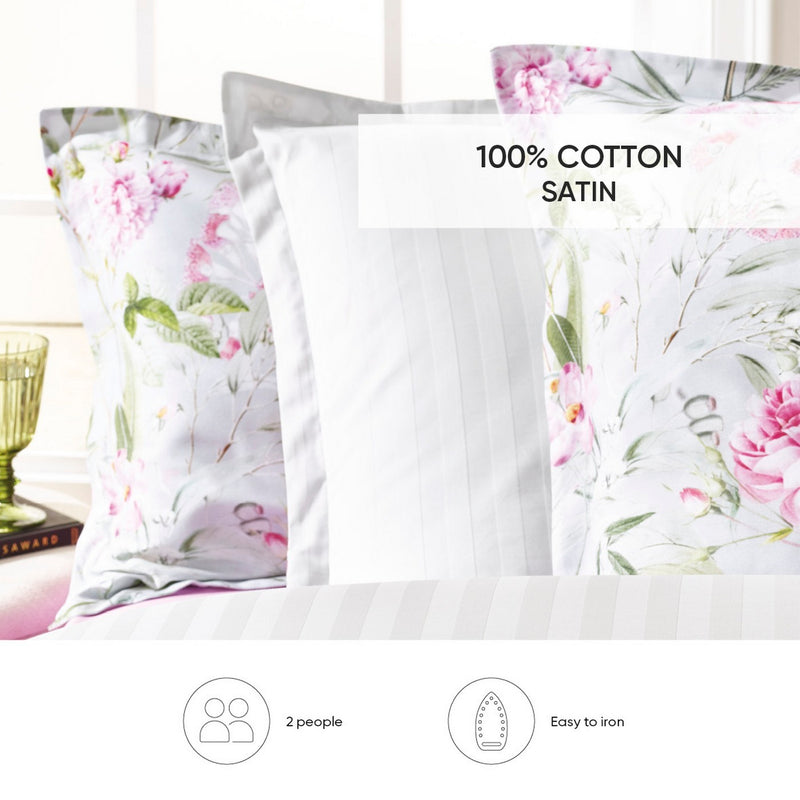 Jardin De Roses - Housse De Couette + 1 Ou 2 Taie(S) D'Oreiller Satin De Coton Jardin De Roses Vert Thym