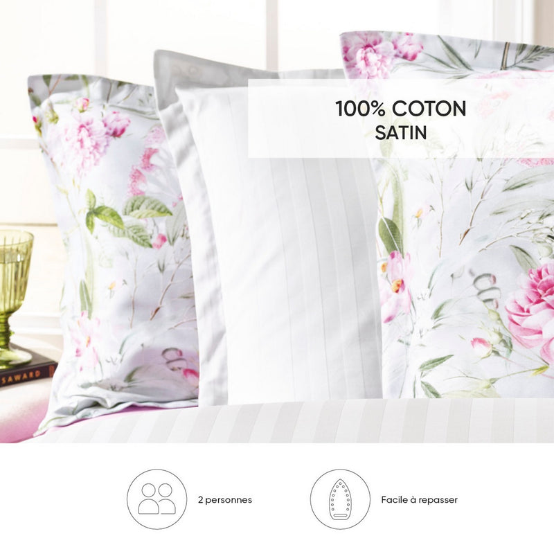 Jardin De Roses - Housse De Couette + 1 Ou 2 Taie(S) D'Oreiller Satin De Coton Jardin De Roses Vert Thym