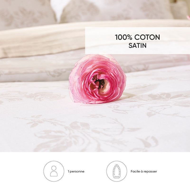 Roses - Housse De Couette + 1 Ou 2 Taie(S) D'Oreiller Satin De Coton Roses Taupe