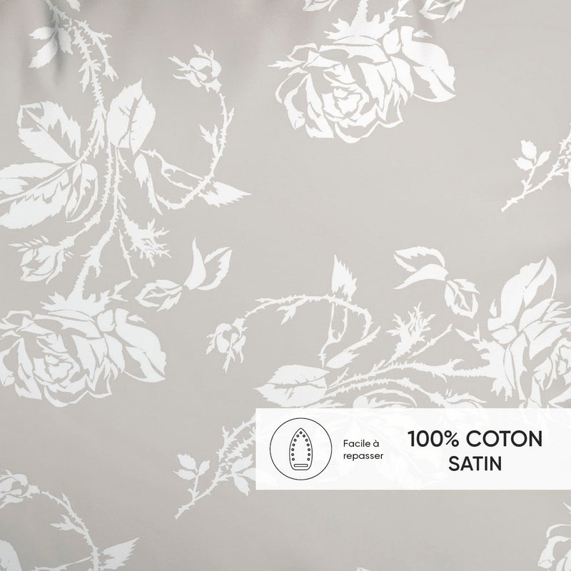 Roses - Set De 2 Taies D'Oreiller Satin De Coton Roses Taupe