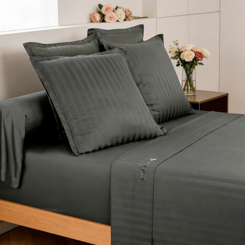 Jacquard - Ensemble De Draps Satin De Coton Rayure Tissé Jacquard Gris Foncé