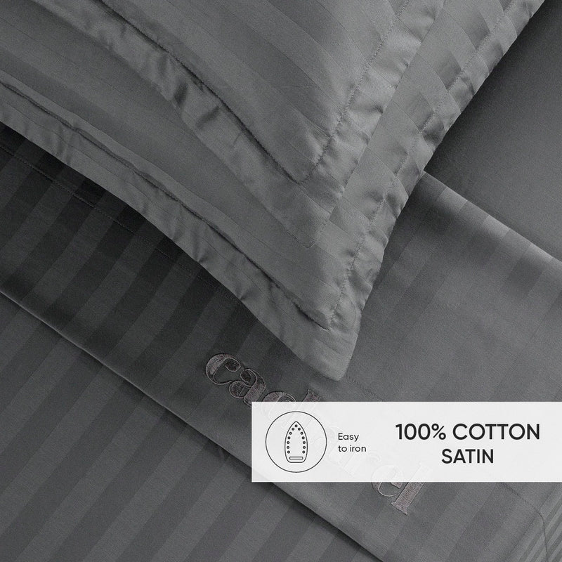 Jacquard - Ensemble De Draps Satin De Coton Rayure Tissé Jacquard Gris Foncé