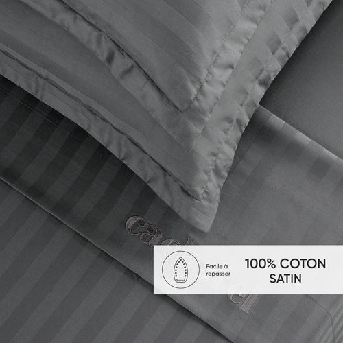 Jacquard - Ensemble De Draps Satin De Coton Rayure Tissé Jacquard Gris Foncé