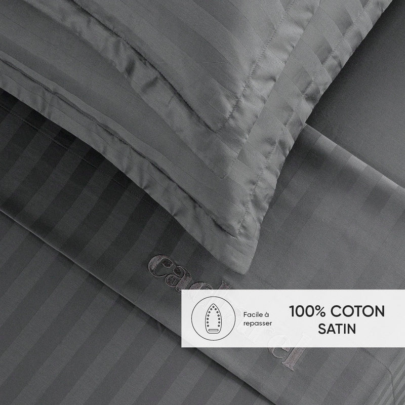 Jacquard - Ensemble De Draps Satin De Coton Rayure Tissé Jacquard Gris Foncé